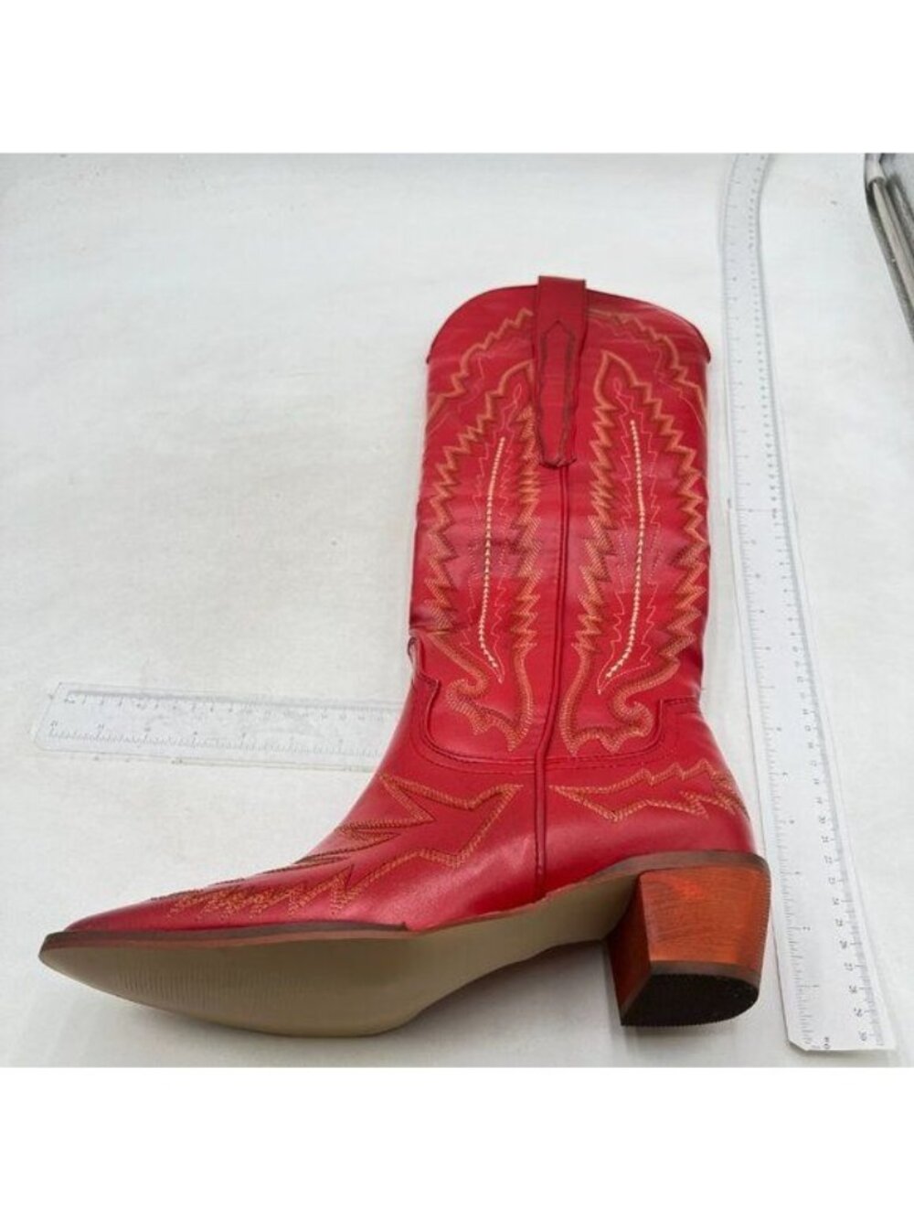 Red Women Pointed Toe Knee High Boots Chunky Heel Embroidery Cowboy Boots Shoes